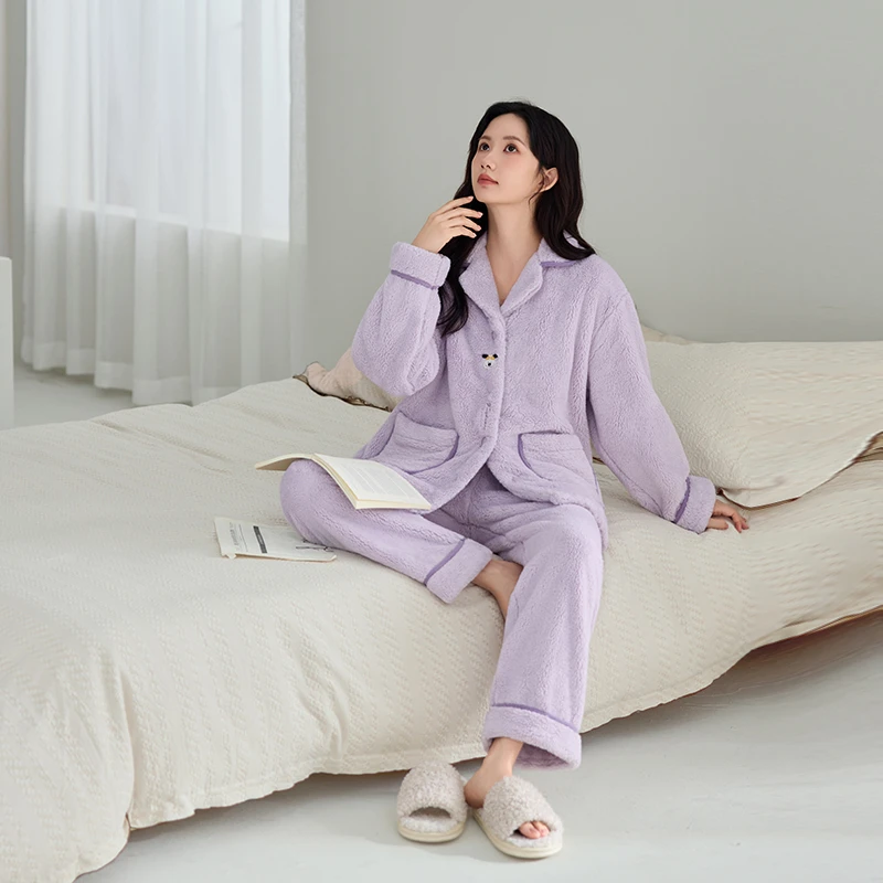 【蓄热保暖】雪花绒秋冬家居服睡衣女款可外穿加绒加厚法兰绒套装