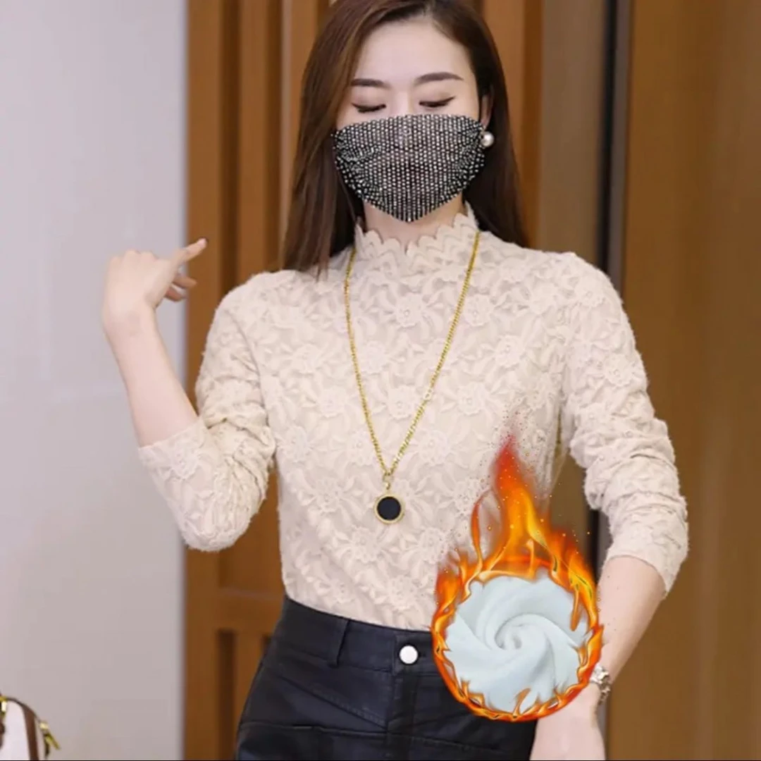 秋冬时尚蕾丝半高领打底衫女秋装时髦洋气外出上档次百搭上衣