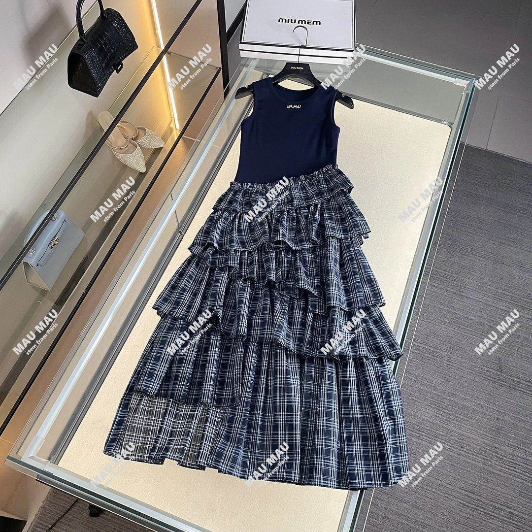 夏季收腰重工复古格纹拼接格子荷叶边不规则半身裙女DY7342