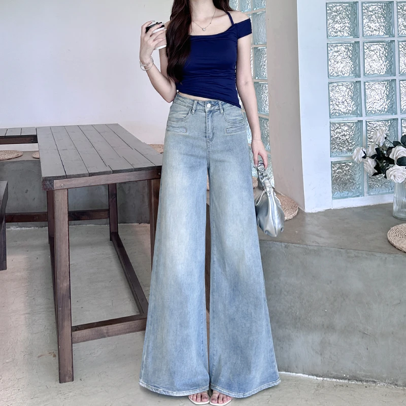 浅蓝色微喇牛仔裤女2025秋季新款高腰显瘦阔腿小个子宽松百搭