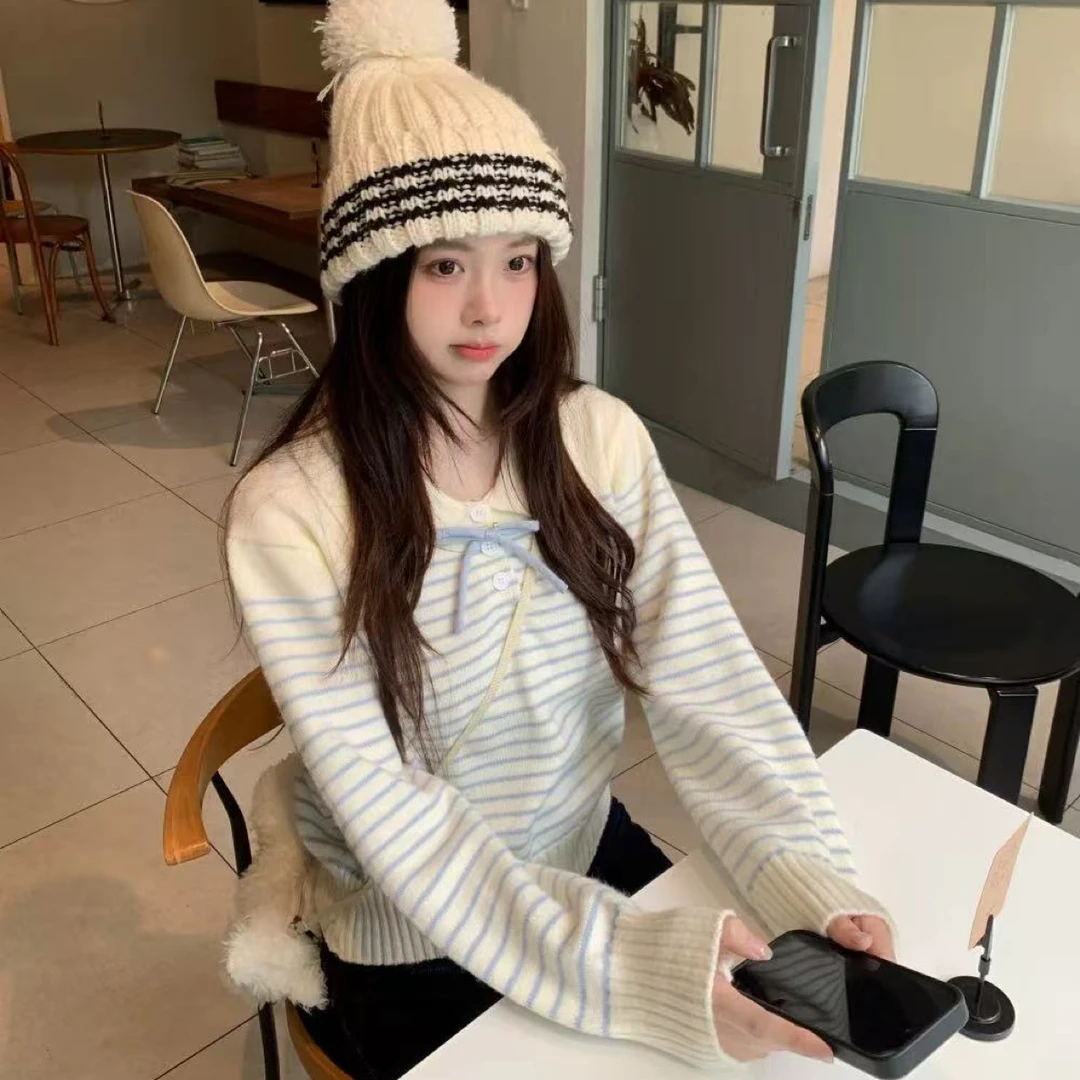 MEENI@1759 韩系时尚翻领条纹蝴蝶结上衣 11-18