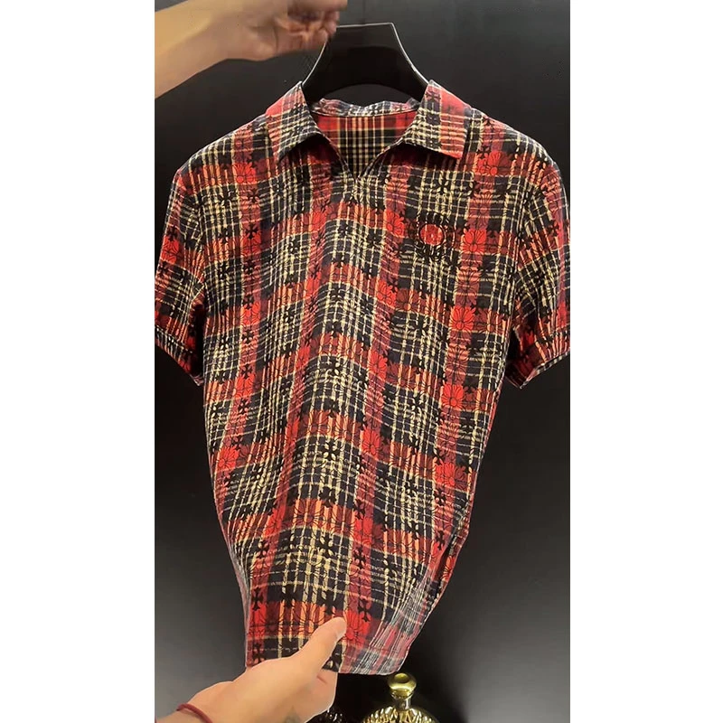 欧货轻奢高定大牌男装T恤2025夏季新款ins设计感红格纹宽松Polo衫