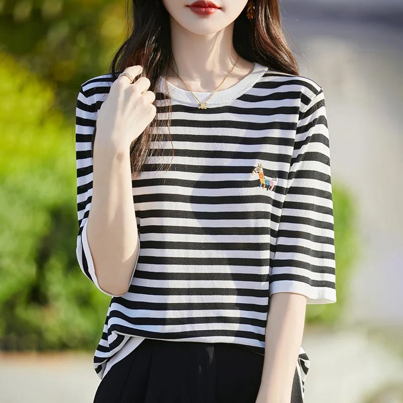 条纹短袖t恤女2025新款大码女装夏季胖妹妹条纹上衣显瘦冰丝针织