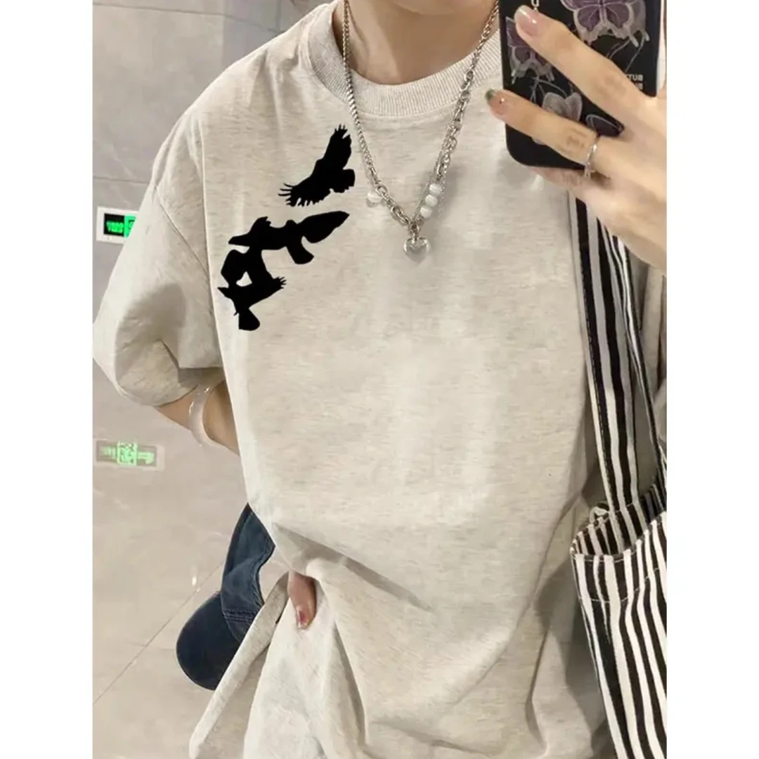 重磅硬挺纯棉潮牌小鸟印花白灰短袖T恤男女百搭宽休闲2025新款ins