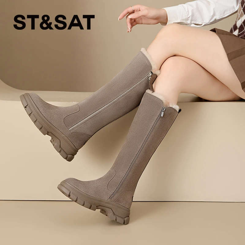 星期六加绒长筒靴女2025新款冬季复古靴子女不过膝高筒雪地靴厚底