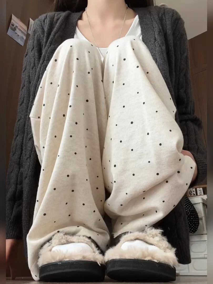 松弛感慵懒风波点糯米裤女秋冬季2025新款高腰加绒宽松直筒阔腿裤