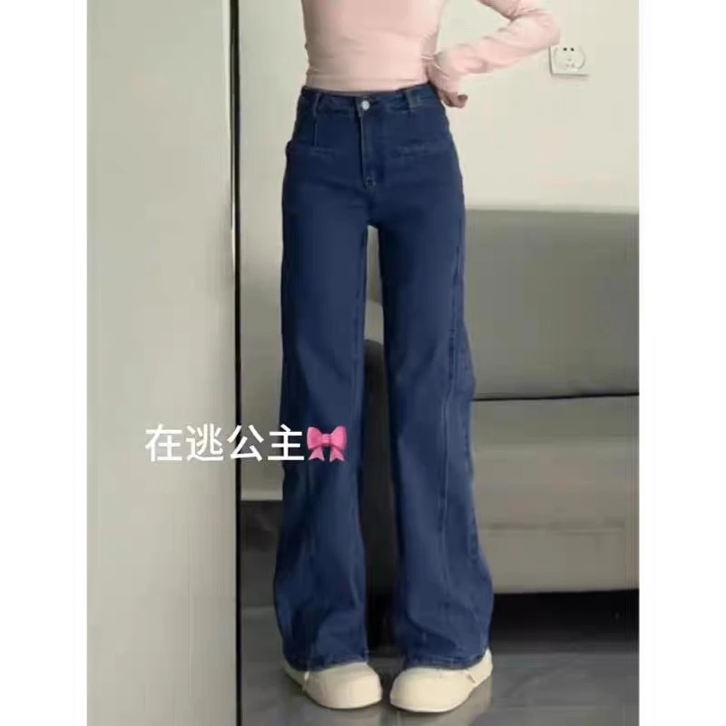 刘亦菲同款后腰蝴蝶结牛仔裤女2025春季新款大码显瘦窄版阔腿裤