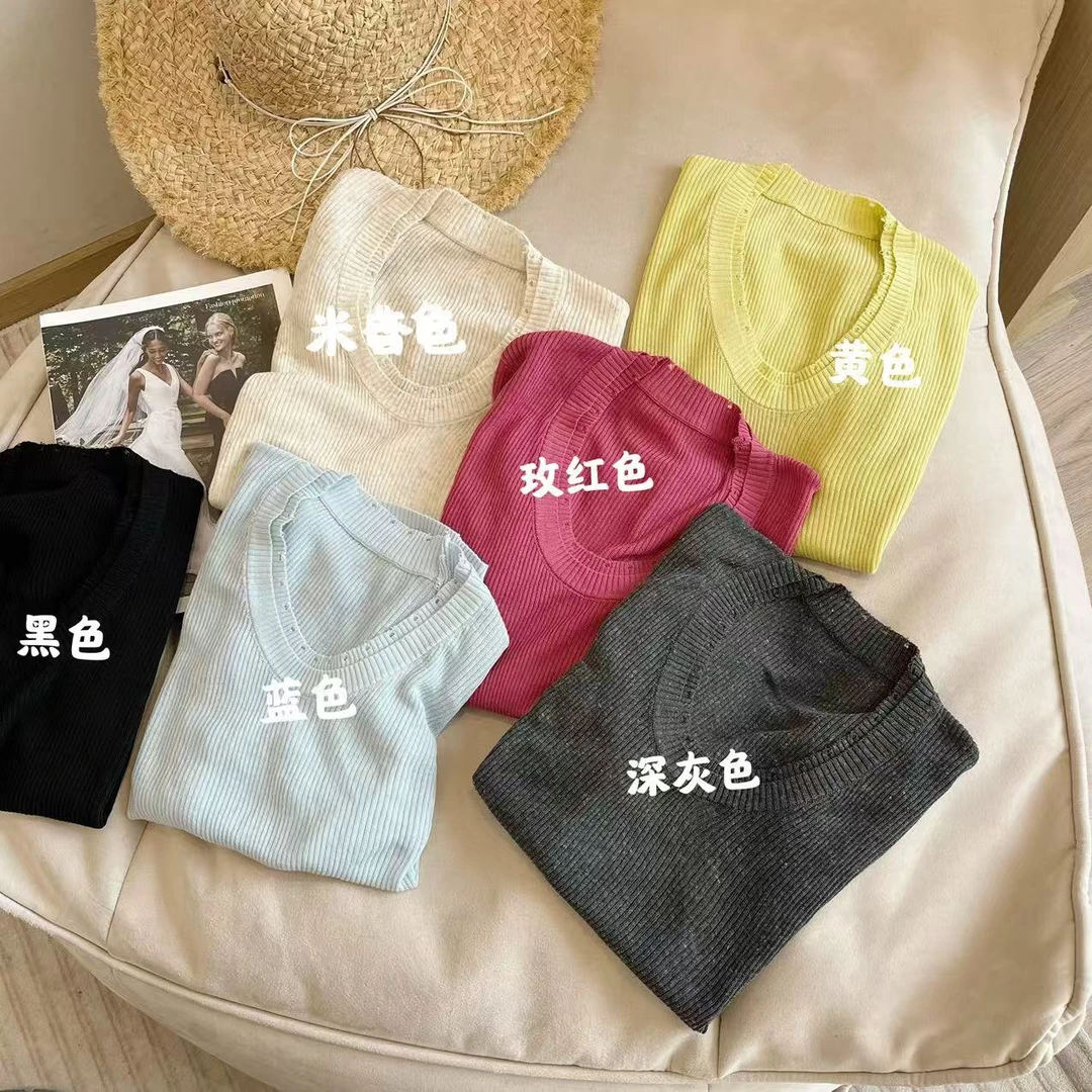 【豆子推荐】66392 夏季U领小众破口洞纯色显瘦针织上衣洋气