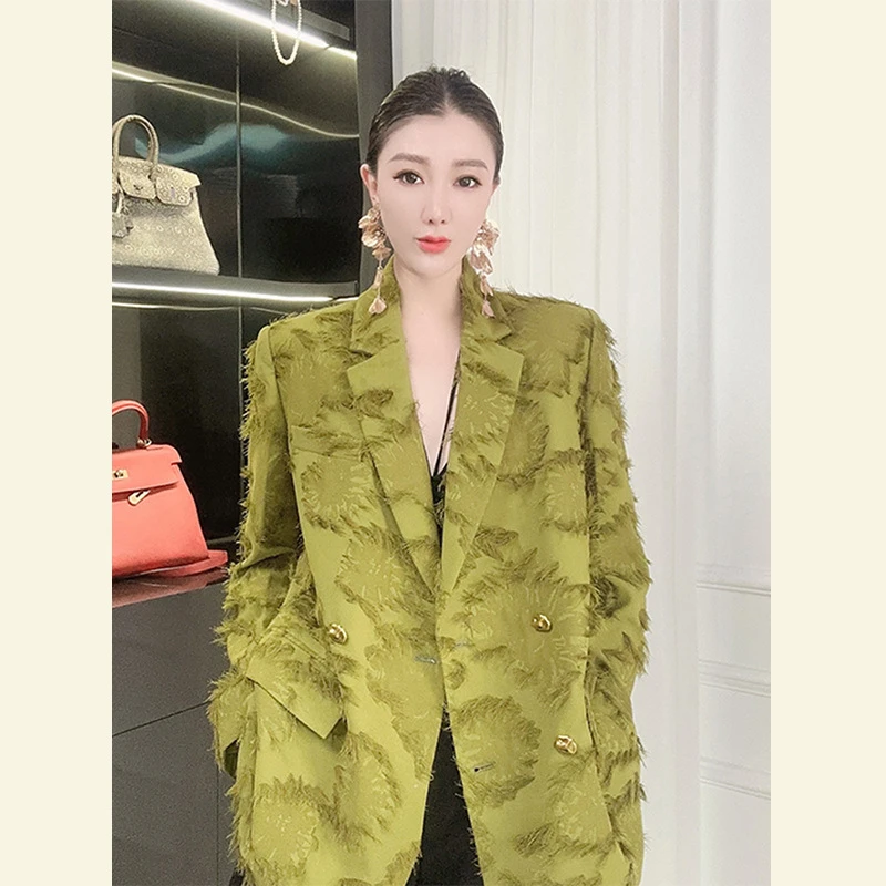 大码独特超好看小香风宽松重工提花西装外套女胖mm中长款小众西服