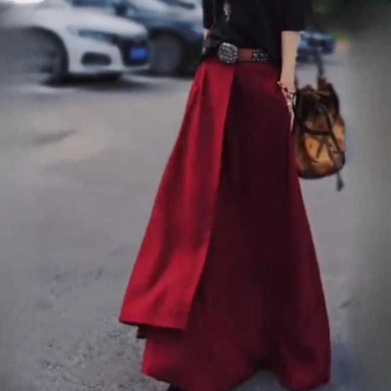 胖mm高腰显瘦设计感不规则红色半身裙女夏季大码宽松长款气质裙子