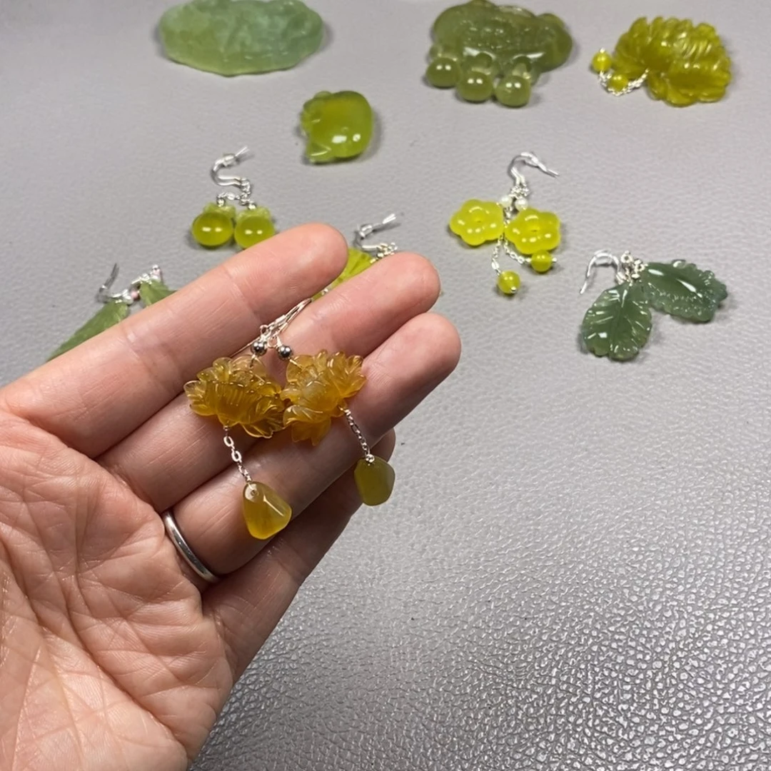蛇纹石玉银S925镶嵌挂件耳饰