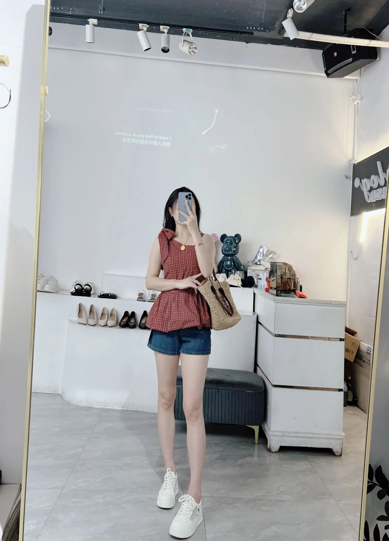 无袖复古风夏季格子常规碎花衬衫短款气质上衣宽松