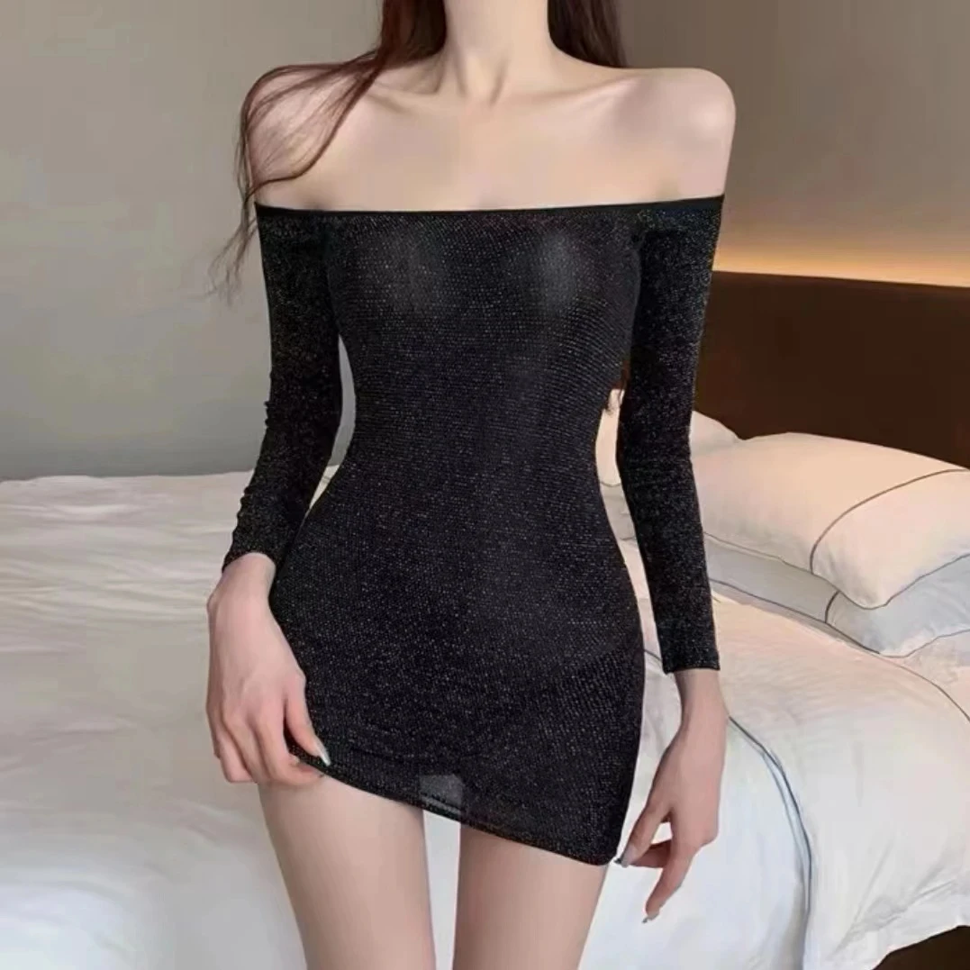 网红主播睡衣免脱穿搭亮闪闪黑色薄款紧身裙家居服包臀睡裙