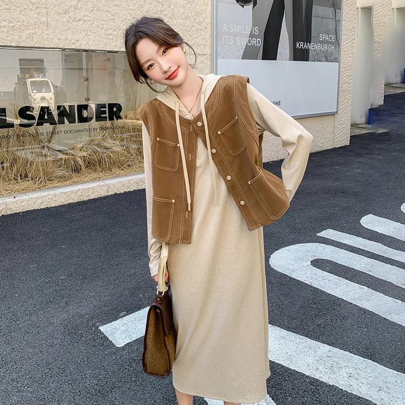 时尚连帽卫衣裙套装女2025春秋新款小个子休闲显瘦马甲气质两件套