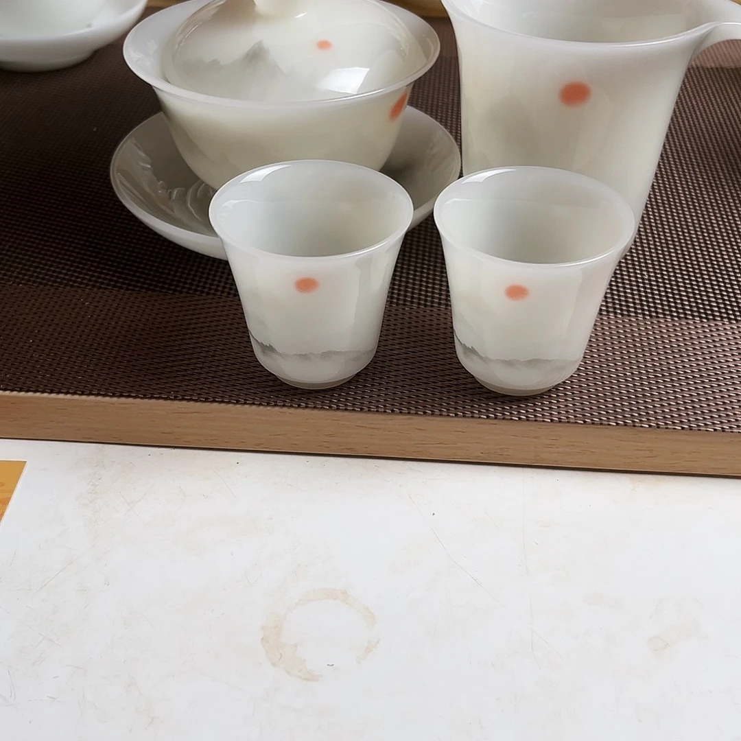 瓷片高档皙白玉瓷旭日东升盖碗茶具套装