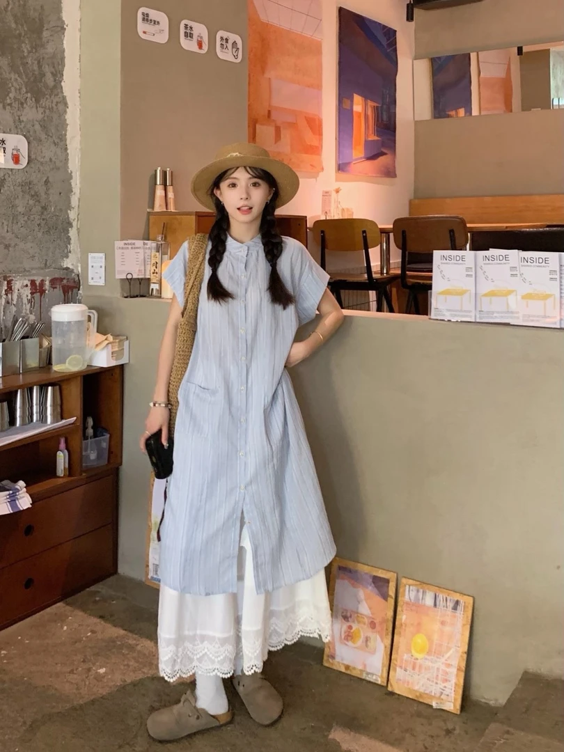 可爱 日系甜美叠穿套装夏季新款条纹衬衫连衣裙蕾丝半身裙两件套
