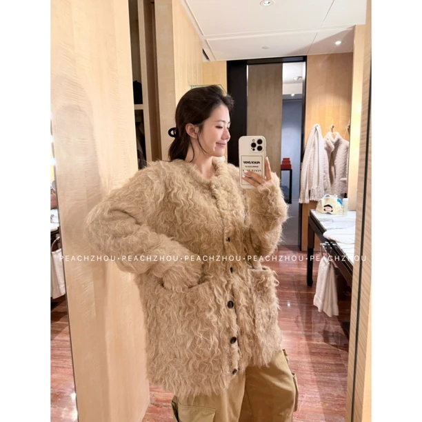 PEACHZHOU 羊毛混纺拉毛圈圈宽松休闲氛围感圆领撞色系扣毛衣外套