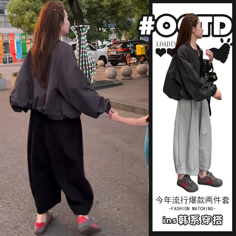 2025年韩版气质宽松百搭减龄休闲外套高腰阔腿裤美式秋冬两件套潮