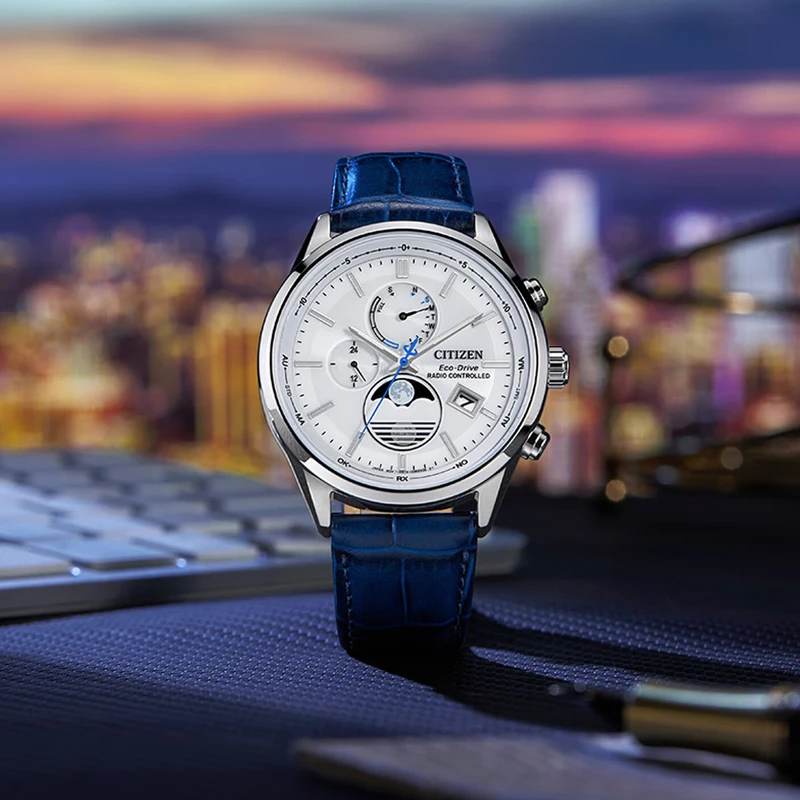 西铁城CITIZEN空中之鹰月相光动能电波皮带商务手表男BY1030-09A