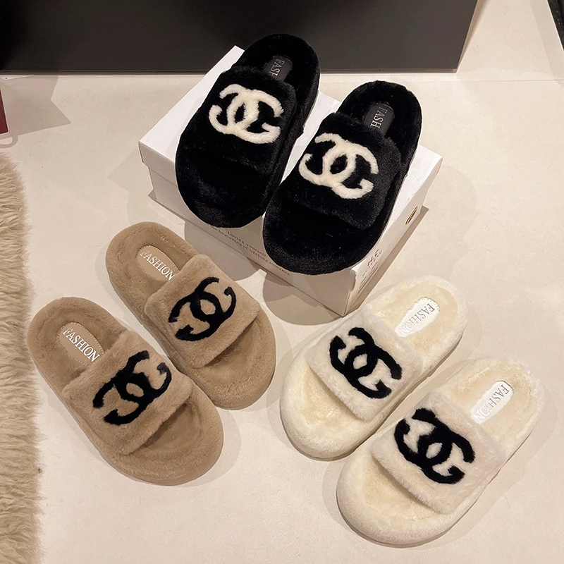 毛毛拖鞋女外穿2024秋冬新款厚底刺绣字母毛毛鞋百搭洋气家居棉拖