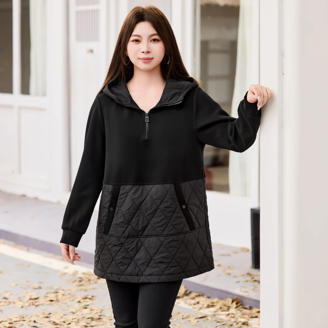 MsShe大码女装2025冬装休闲拼接半拉链连帽磨毛宽松卫衣A2511009