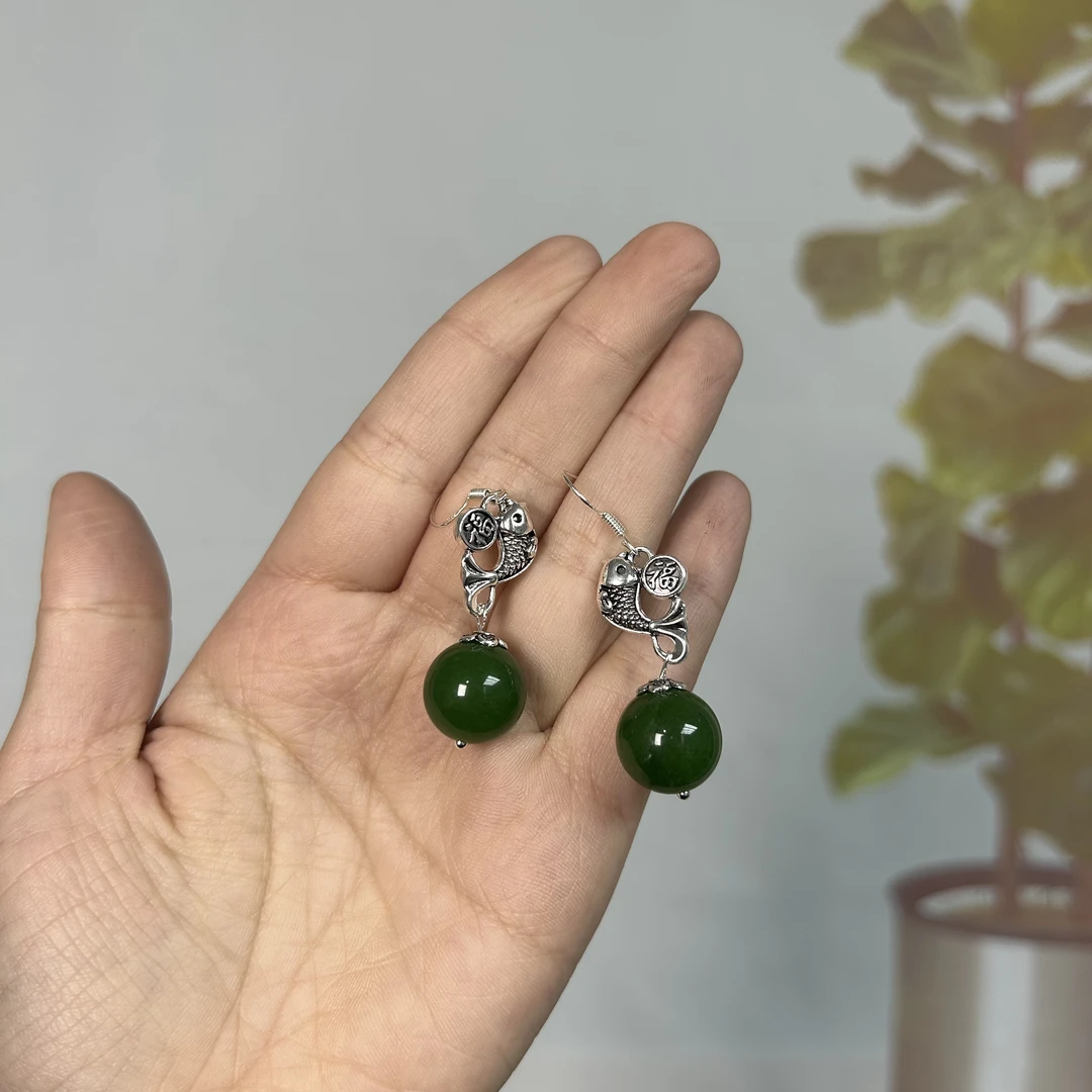 和田玉s925双鱼圆珠耳钩