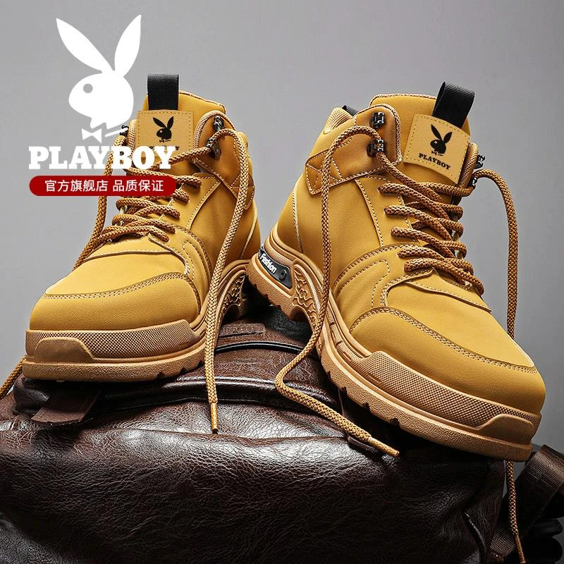 花花公子马丁靴男秋冬款英伦风复古大黄靴户外作战真皮高帮工装靴
