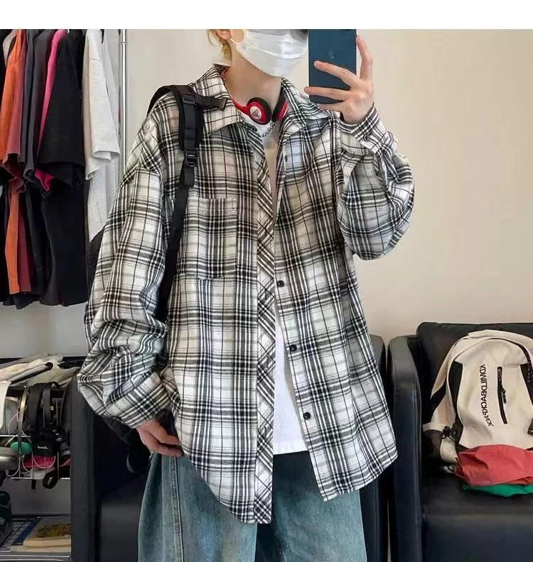 情侣磨毛棉潮牌复古日系格子长袖衬衫男街头宽松格纹休闲衬衣女