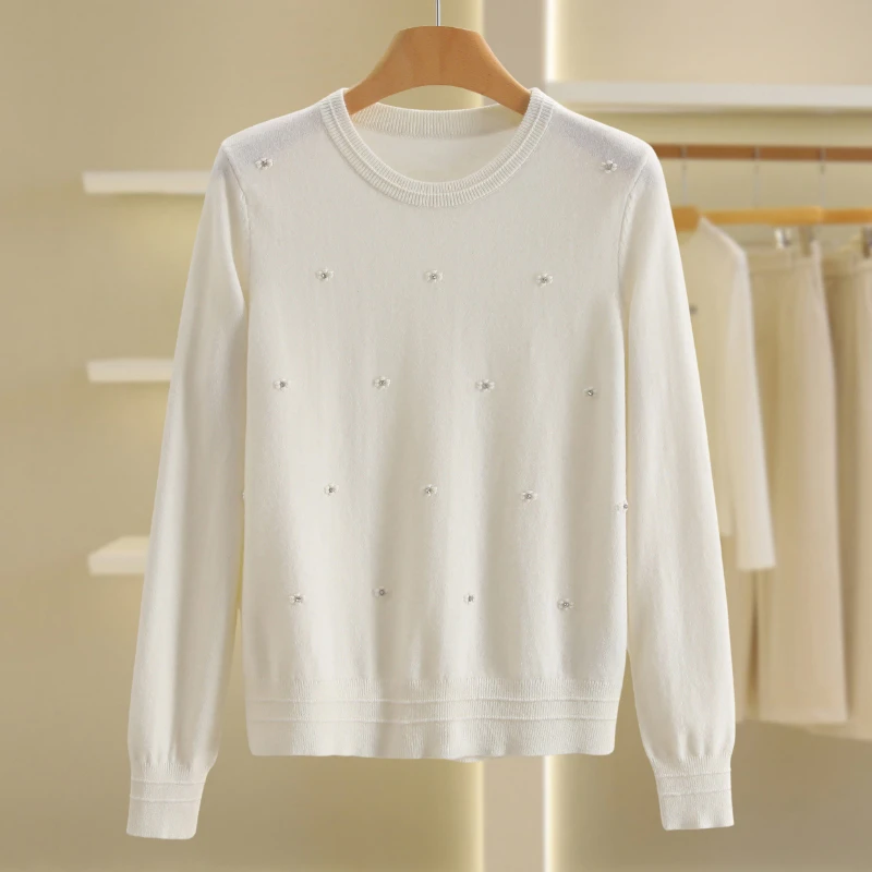 【伍莎-自营】水钻装饰圆领宽松毛衣#YXY48M009