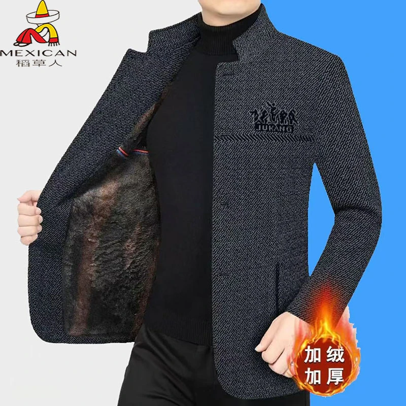 稻草人高档春秋毛呢男士立领休闲西装夹克外套商务休闲西服中山装