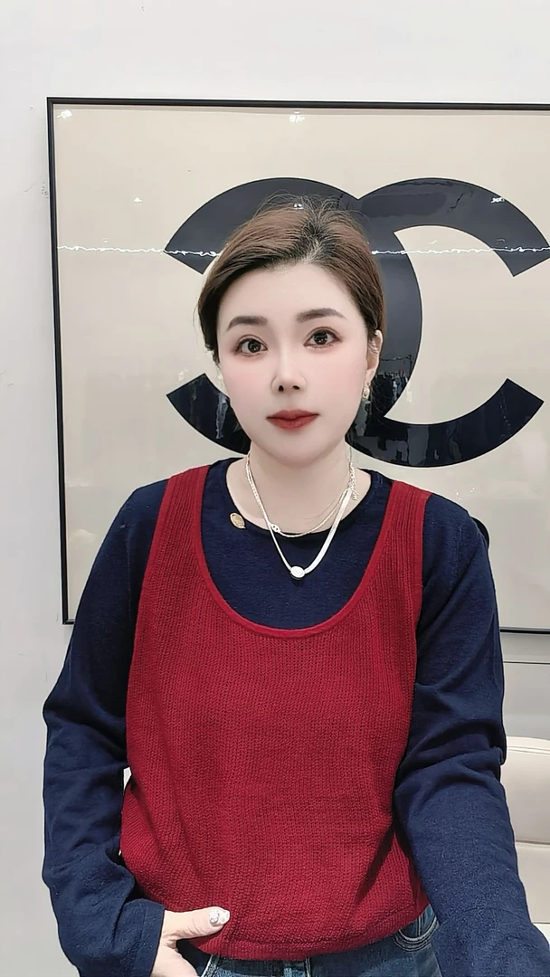 假两件纯色宽松型通勤风圆领马夹休闲秋季时尚针织