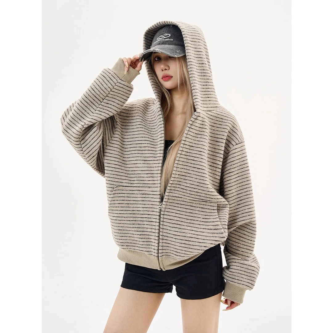 VALVOELITE美式连帽拉链复古早秋新款条纹开衫连帽卫衣男女外套