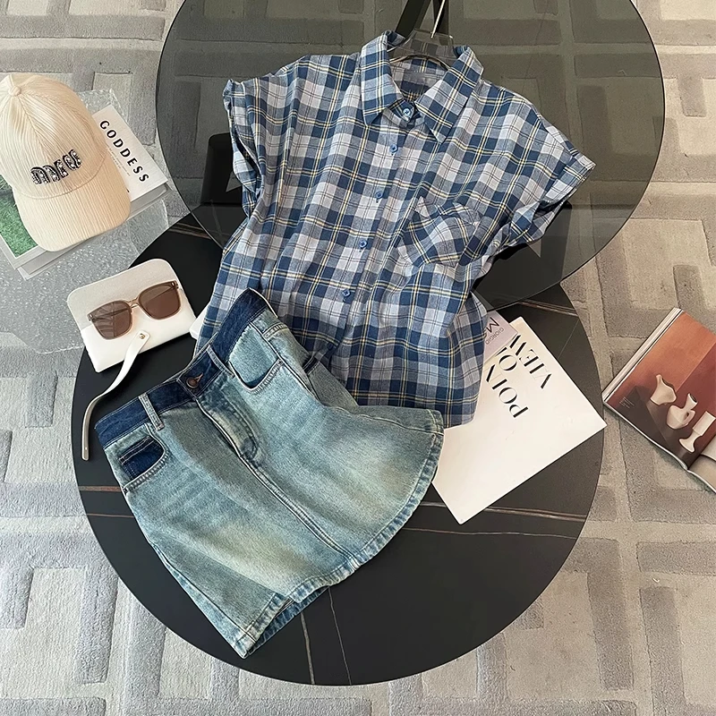 夏季穿搭一整套女2025新款轻熟风时尚格纹衬衫显瘦牛仔短裙两件套