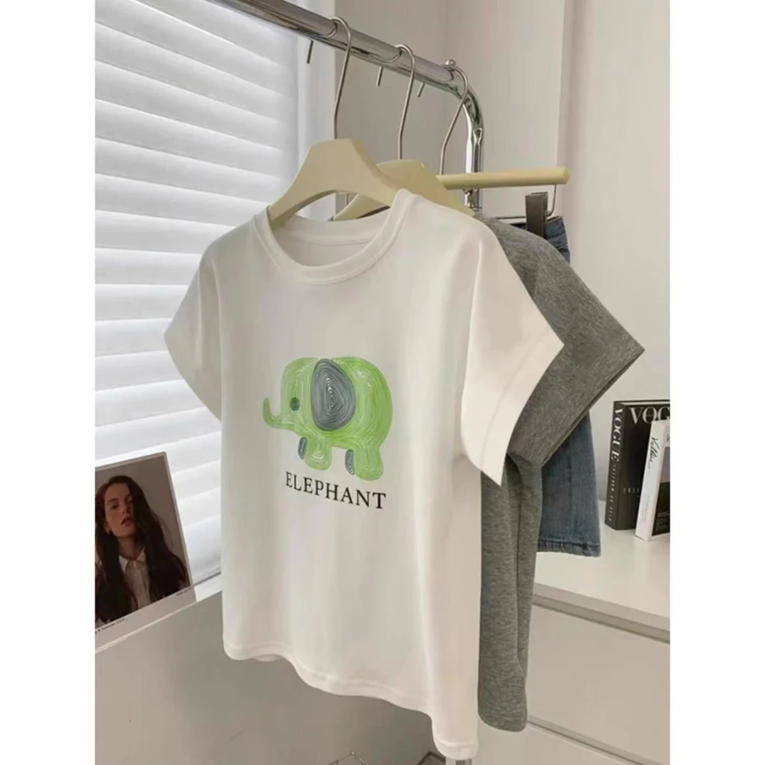 新款时尚宽松休闲【数码印·飞飞袖绿象】夏季百搭纯棉短袖T恤24147