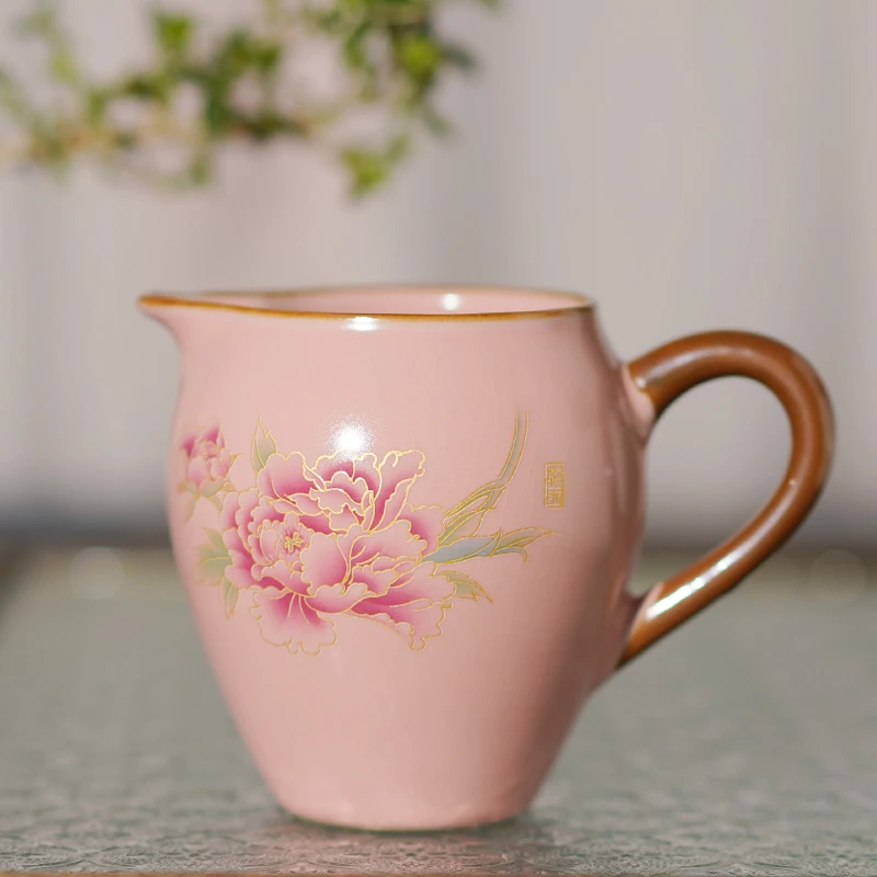 岑汝粉色汝窑公道杯家用单个匀茶器陶瓷功夫茶具公杯开片可养茶具