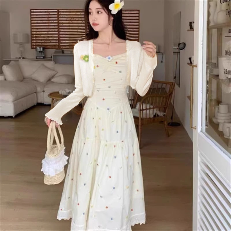 【两件套】【有里布】温柔风显瘦小众设计感碎花中长吊带连衣裙D1183