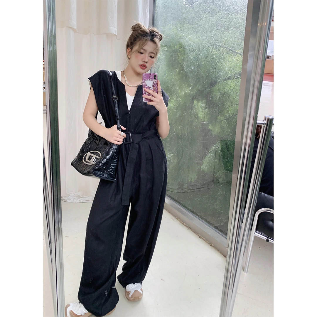 100亚麻 晶咕白标~V领亚麻无袖连体裤女夏季新款大码高级感宽松