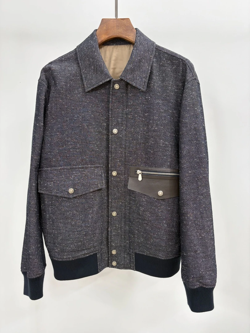 混纺保暖夹克翻领格纹男短外套直口袖优雅风休闲