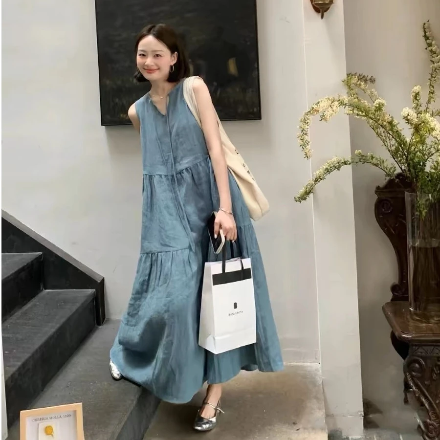 显瘦时尚夏季宽松气质休闲复古减龄百搭韩版连衣裙 2024 年春季浅
