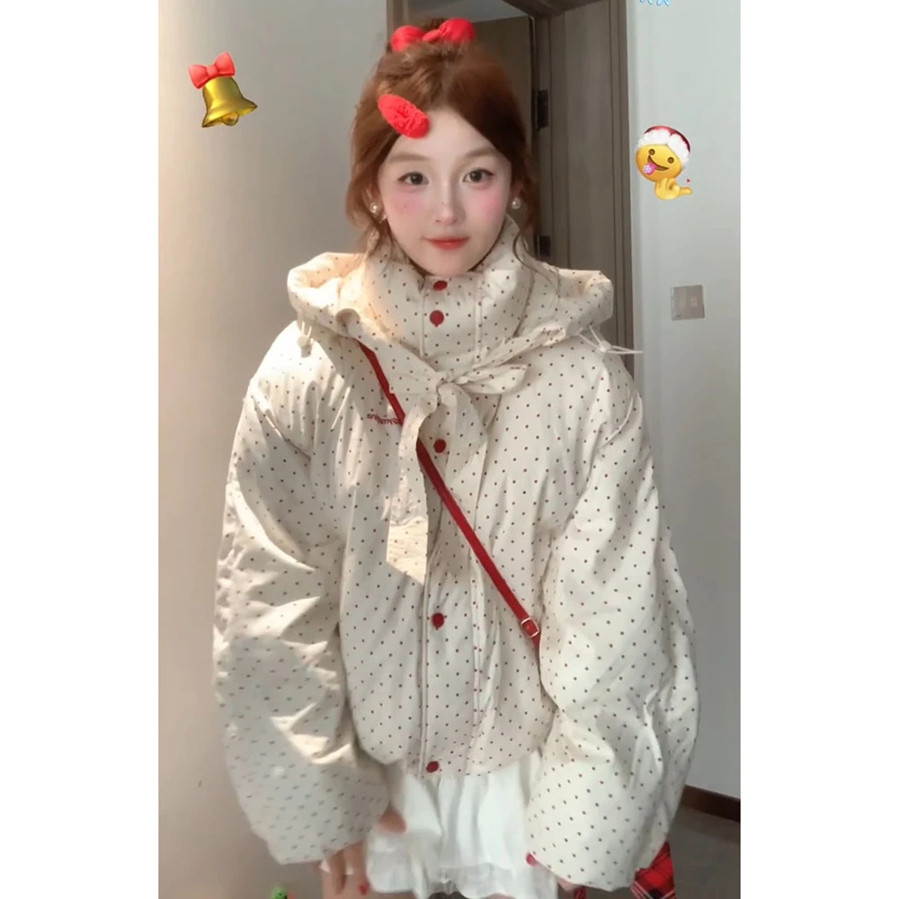 日系学院风彩色波点连帽棉服外套女冬季新款加厚保暖面包服棉衣