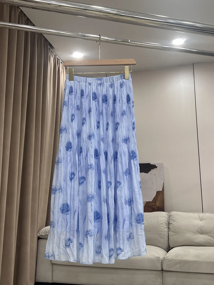 【孤品no退no换】C07106气质轻薄超仙显瘦中长款百褶A字碎花半身裙