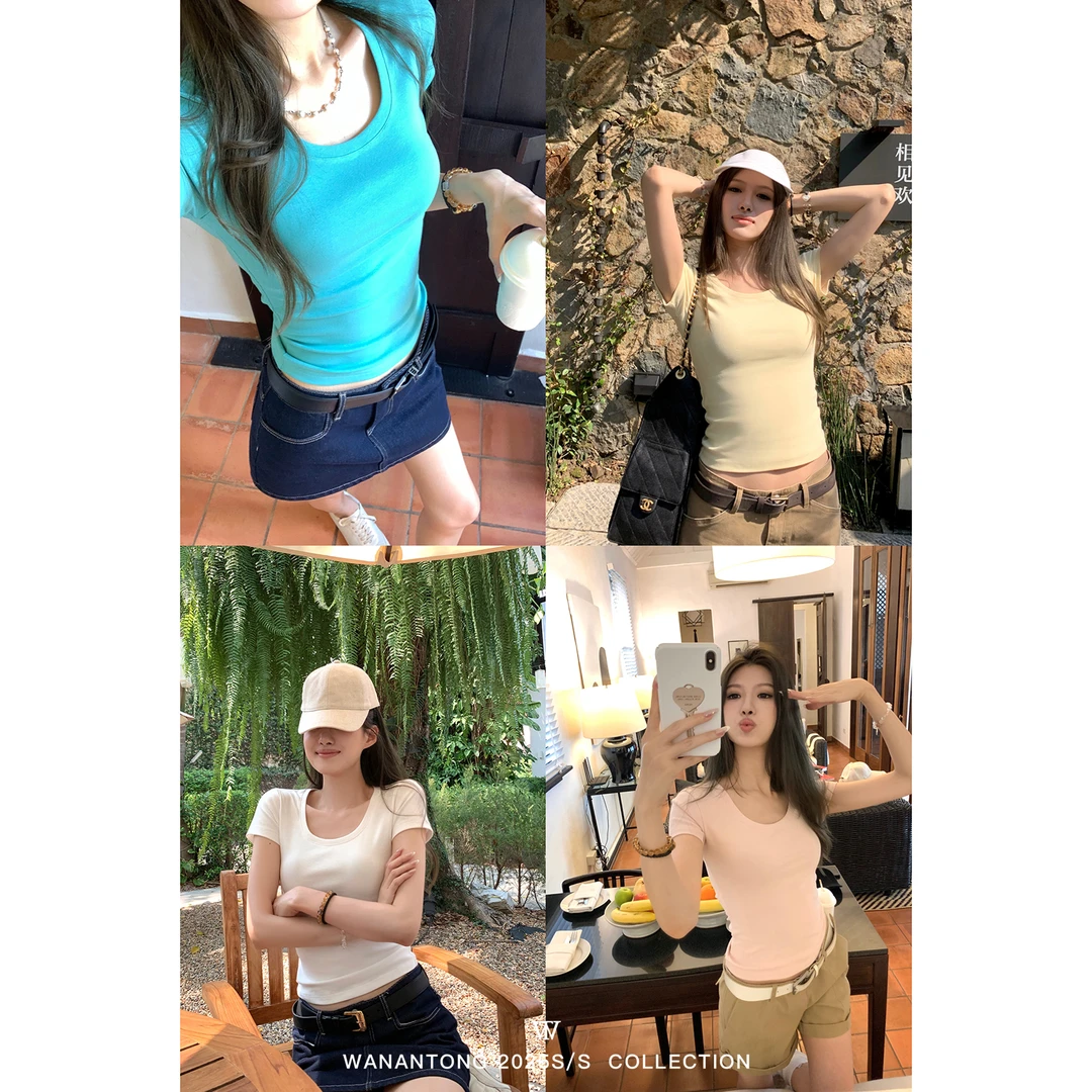 WANANTONG同款囤多色! colorful巨显瘦的小蛮腰短袖圆领T恤女tee