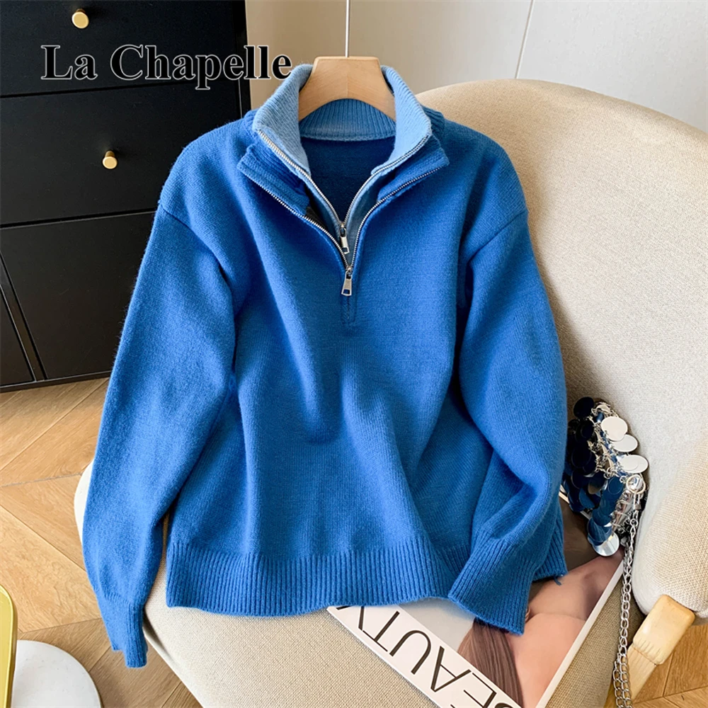 拉夏贝尔克莱因蓝假两件设计感毛衣女立领长袖时尚百搭针织衫上衣