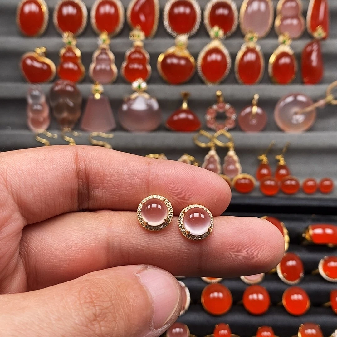 南红玛瑙银S925镶嵌耳饰