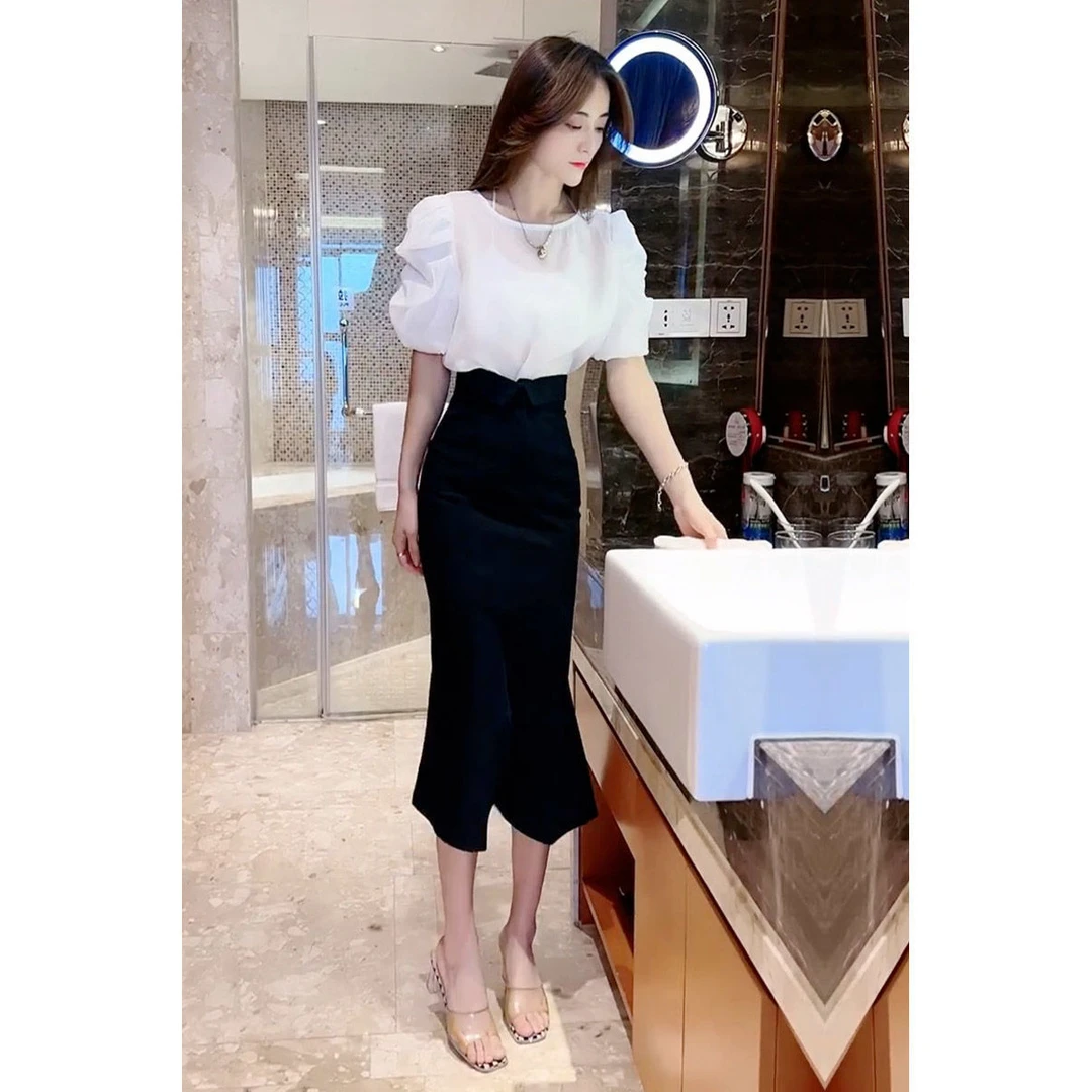 高级感时尚套装女夏季新款法式泡泡袖衬衫+显瘦鱼尾半身裙两睡衣