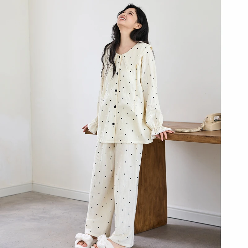 月子服春秋纯棉产后透气棉纱布哺乳睡衣波点孕妇家居服套装6822