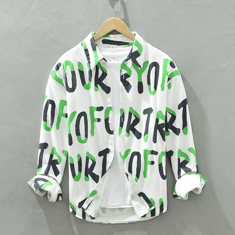 纯棉字母印花长袖衬衫男春秋季新款韩版潮流宽松翻领休闲衬衣2101