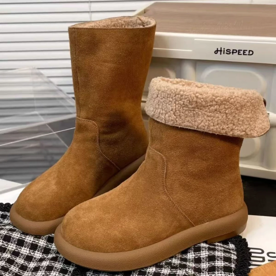 磨砂皮秋冬加绒加厚棉鞋网红后搭扣平底短靴两穿靴子复古雪地靴