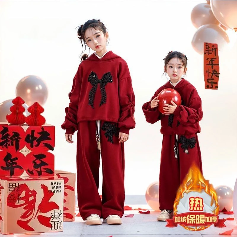 女童拜年服红色加绒套装2025新款连帽卫衣儿童新年本命年女孩冬装