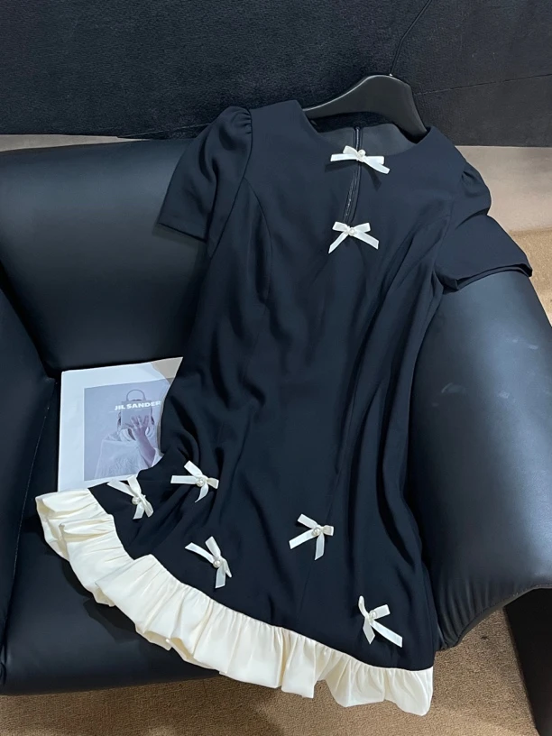 KW【日光曲】南油欧货设计师款女装法式百搭蝴蝶结设计赫本风连衣裙